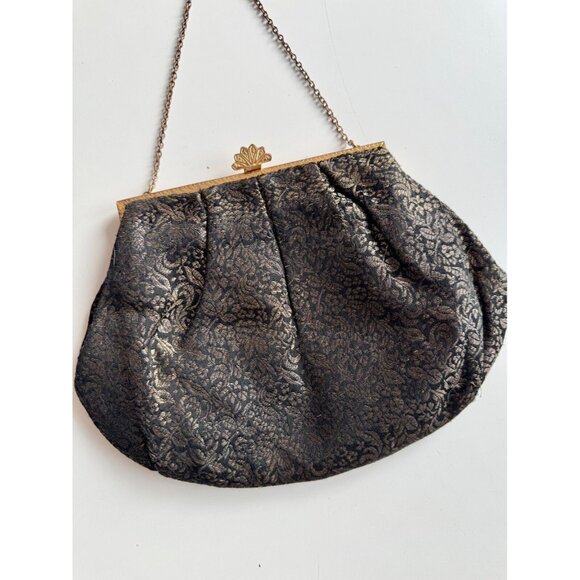Vintage SIMPSON'S Black Gold Brocade Kiss Loss Evening Purse Bag - Picture 2 of 9